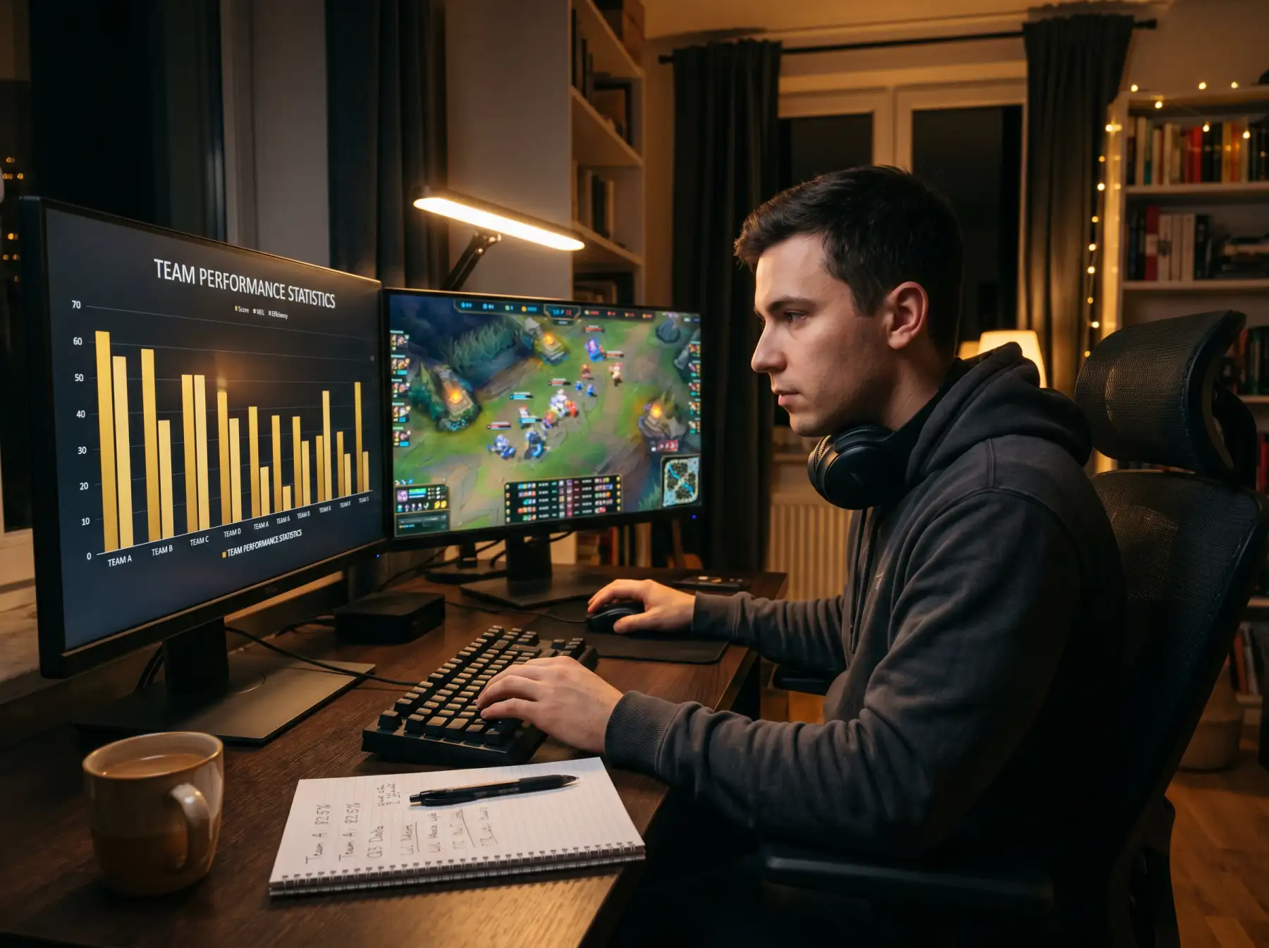Analista revisando cuotas y estadísticas de equipos favoritos del Mundial de LoL en múltiples pantallas