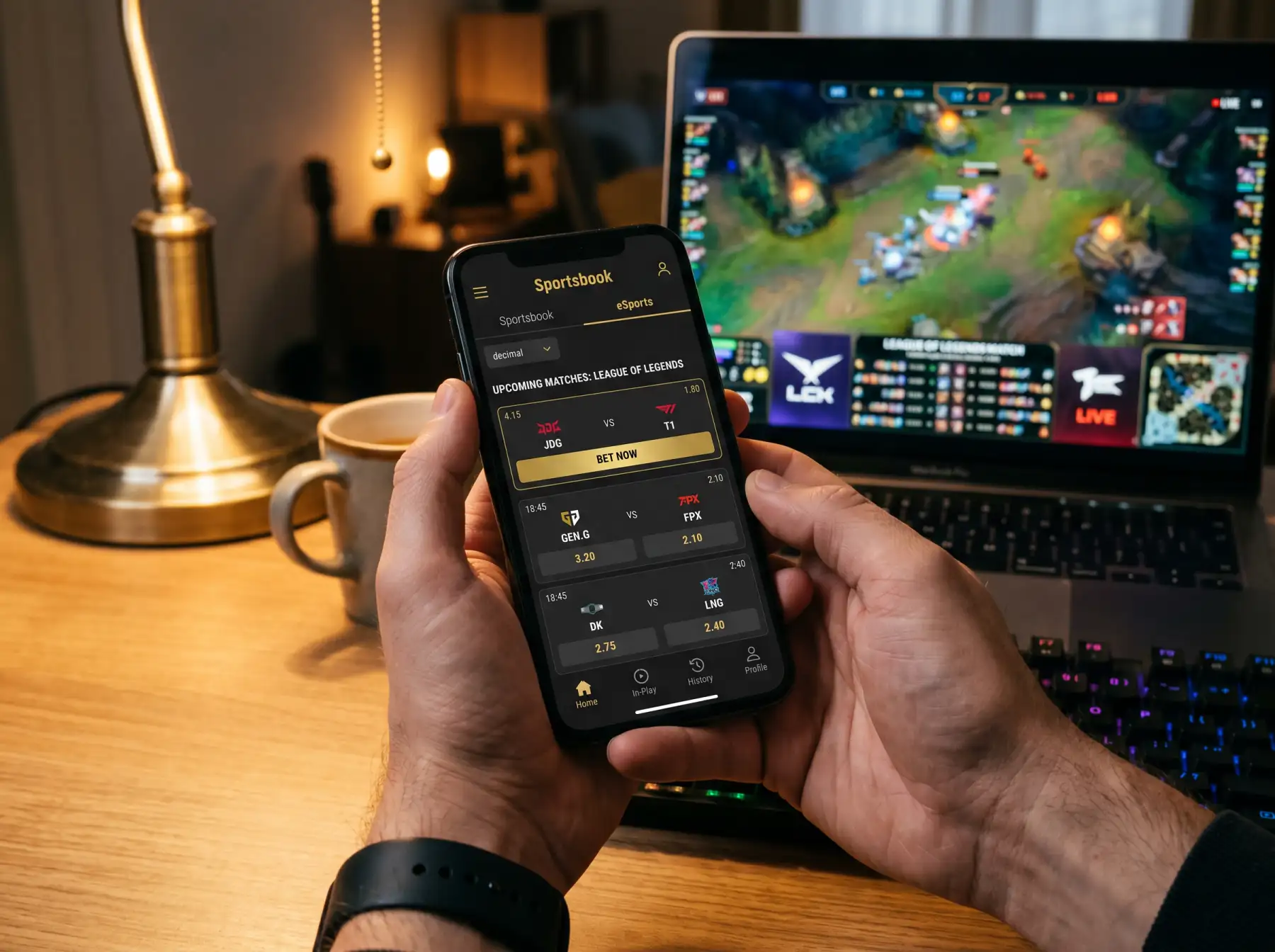 Pantalla de operador de apuestas mostrando mercados de League of Legends con cuotas de moneyline y hándicap